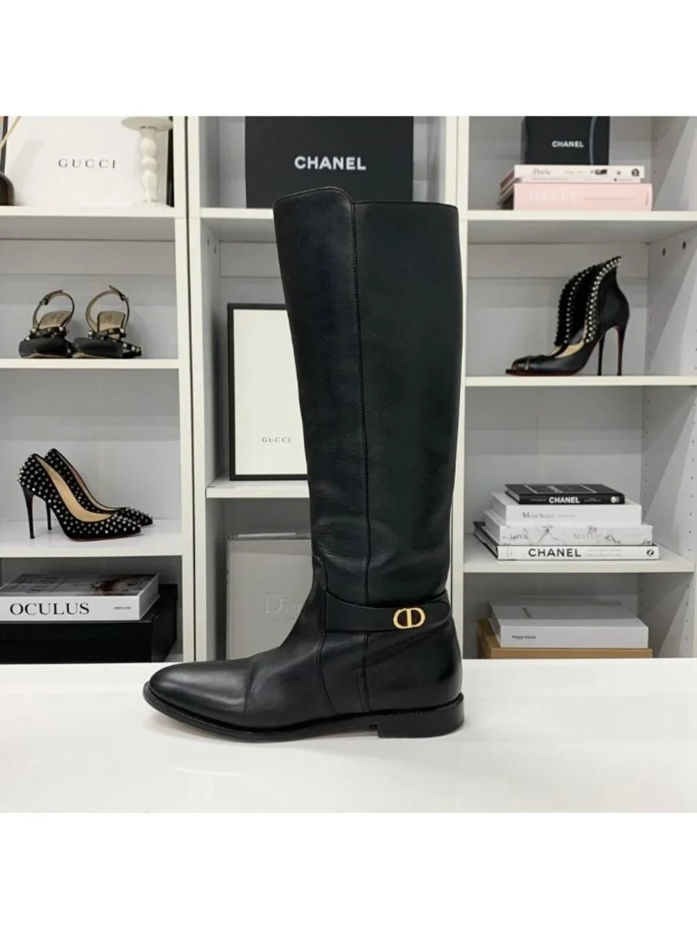 Dior Logo Leather Long Boots Black